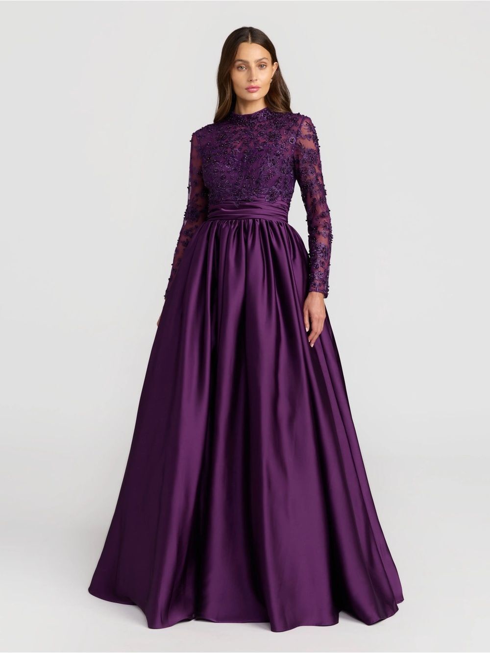 Mac Duggal Purple Embroidered Long Sleeve Satin Ball Gown size 4 #21189 NWT